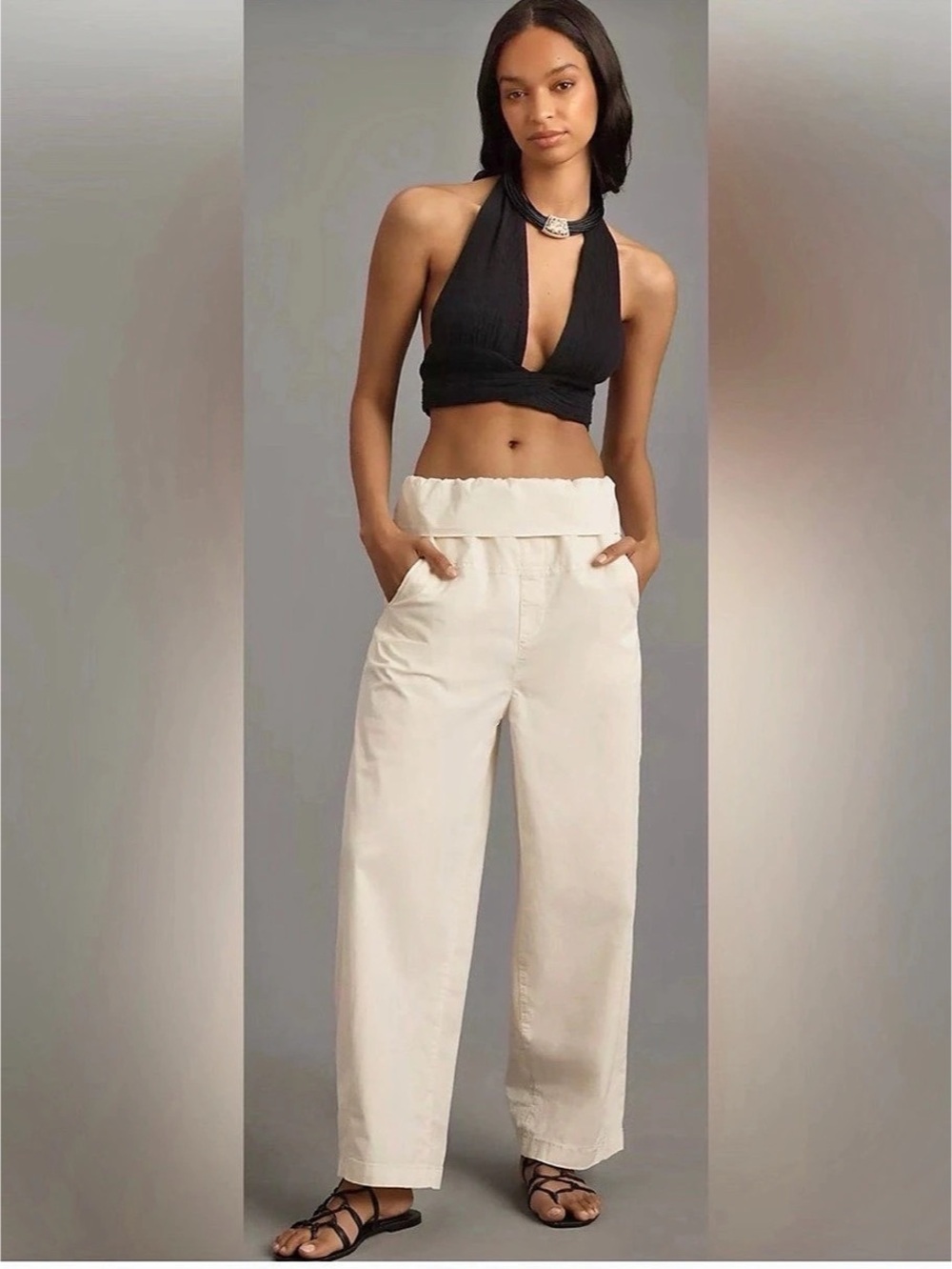 Pilcro Foldover Bowed Wide-Leg Baggy  Pants in White Size Small